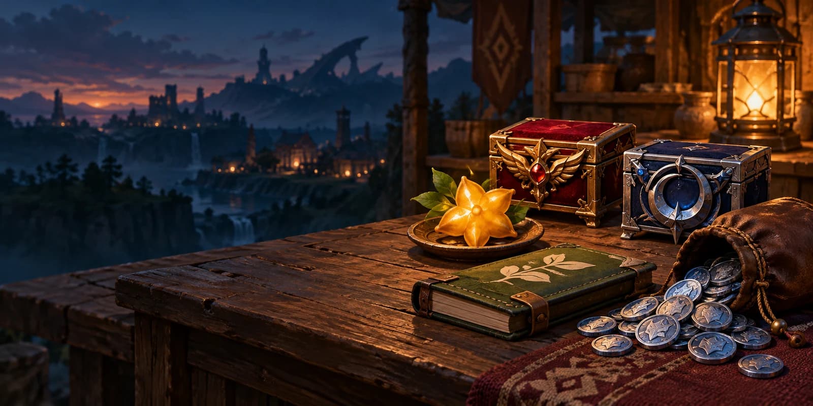 Generated fantasy merchant-counter illustration with collectible coins, accessory boxes, a star-shaped fruit and a handbook