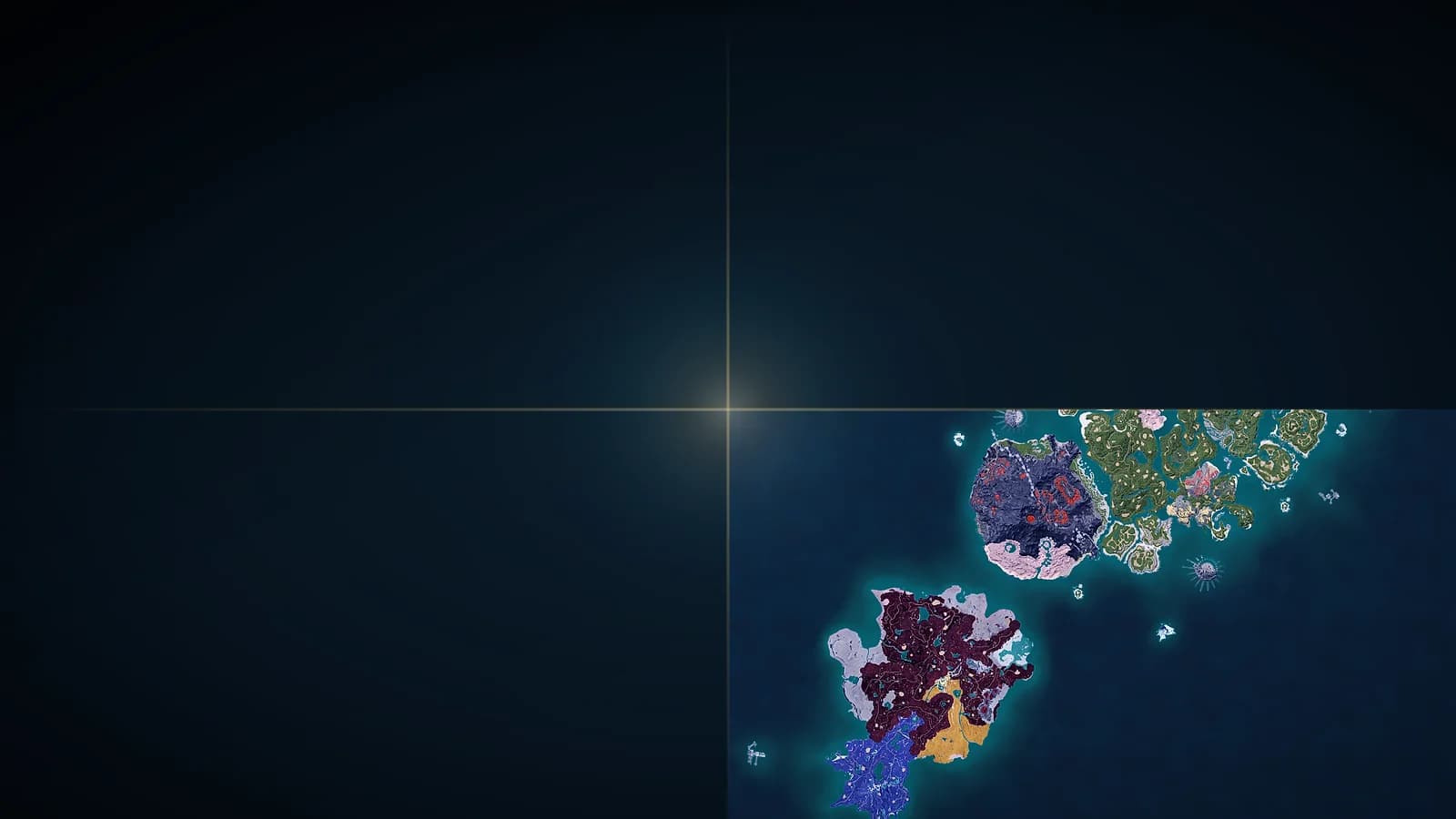 The charted Palworld world map glowing as one quadrant of a larger dark ocean, with light radiating from the center where the four quadrants meet